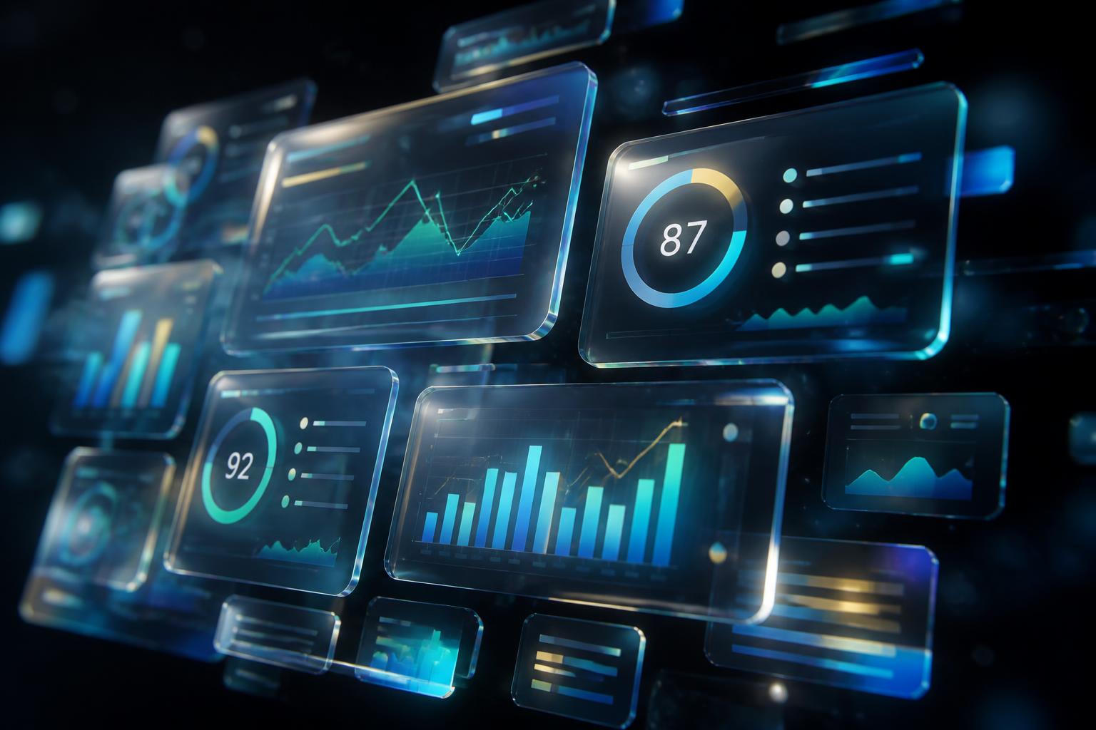 Floating translucent dashboard panels visualizing portfolio analytics